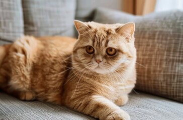 Fototapeta na wymiar A scottish fold cat is laying on a couch with its eyes closed