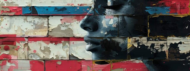 Womans Face Painting on Brick Wall - obrazy, fototapety, plakaty