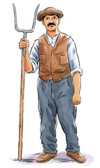 Vintage Man with Pitchfork watercolour