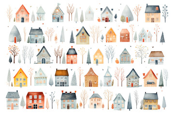 Fototapeta premium Set of different watercolor colorful houses isolated on white background. Clipart bundle, hand drawn set, tiny core, cute cartoonish design.