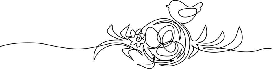 Happy Easter. Hen with Easter eggs. Continuous line drawing. Border frame with hand drawn text.