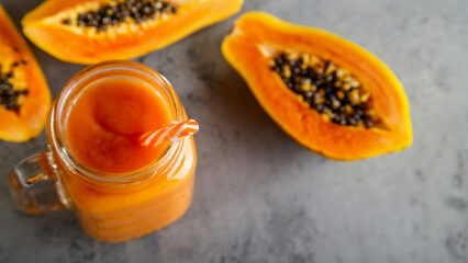 Papaya smoothie, selective focus. Detox, diet food.