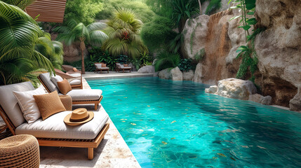 Fototapeta na wymiar Swimming pool in luxury hotel resort. 3d rendering image.