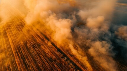 Wheat field on fire with bright flames consuming crops, creating a strong visual for agricultural disasters and fire hazards.