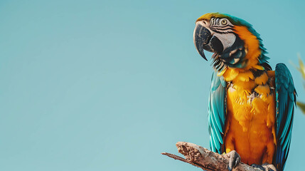 A beautiful blue and yellow macaw parrot is perched on a branch. The background is a clear blue sky. The parrot is looking to the right of the frame. - Powered by Adobe