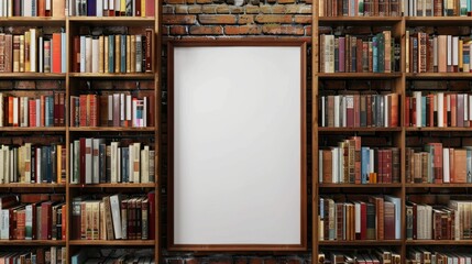 A mockup of a blank frame centered on a bookshelf full of various books, against a rustic brick wall, ideal for showcasing artwork or messages.