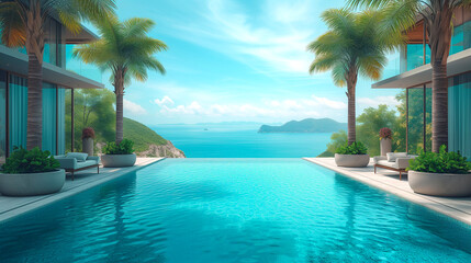 Swimming pool in luxury villa on the tropical island. 3d rendering