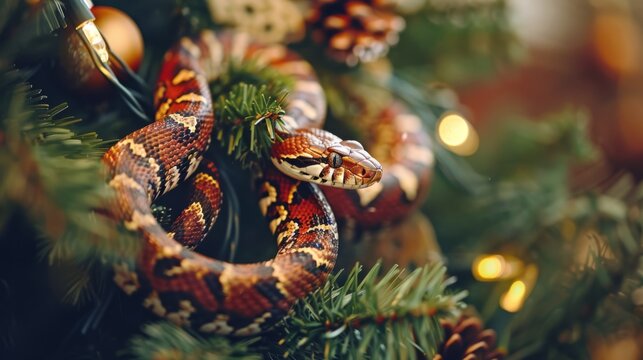 Holiday serpent in festive lights. A snake entwined around Christmas tree branches, glittering with holiday lights. Symbol of 2025.