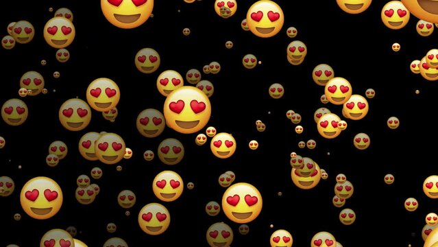 Smiling face with hearts emoticon rainfall animation. social media emoji for editing animated in alpha channel transparent background