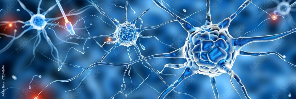 Poster detailed close up of human brain with active neurons and neural extensions in action