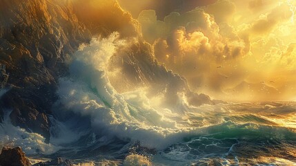 the power and majesty of crashing waves against rugged coastal cliffs, illuminated by the golden light of the setting sun. - Powered by Adobe