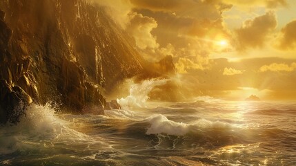 the power and majesty of crashing waves against rugged coastal cliffs, illuminated by the golden...
