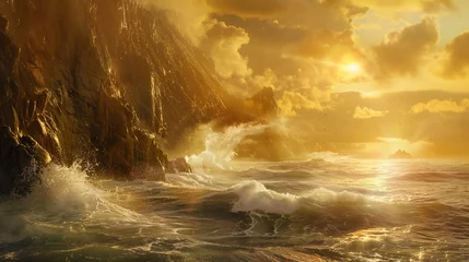 Foto op Canvas the power and majesty of crashing waves against rugged coastal cliffs, illuminated by the golden light of the setting sun. © muhammad