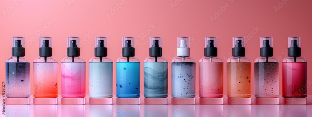 Poster row of bottles filled with different colored liquids