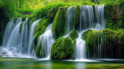 Tranquil waterfall cascading down mossy rocks.