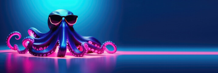 Realistic octopus dancing in neon light with dark sunglasses , 3D rendering, neon light studio on background. Creative concept of advertising banner, postcard. Copy space