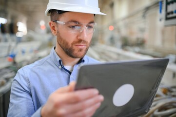 Engineer in hardhat is using a laptop in a heavy industry factory