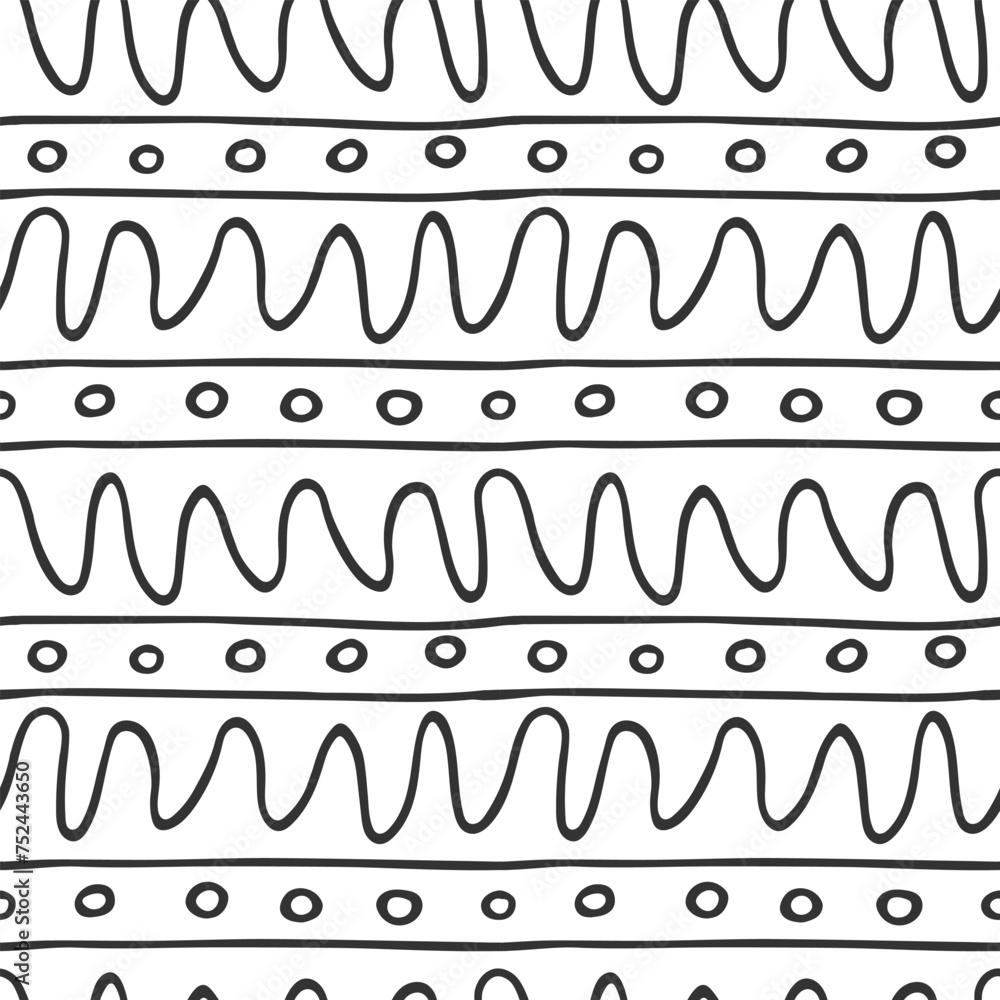 Poster doodle outline seamless pattern. wavy line, stripes, rings hand drawn endless linear background. bla