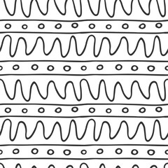 Doodle outline seamless Pattern. Wavy Line, stripes, rings hand drawn endless Linear background. Black scribble elements on white. Ink abstract texture for print design