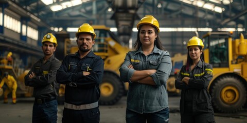 group portrait of construction workers with background of excavation machinery aigx04