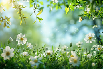 Spring medow with white flowers on sunshine background.