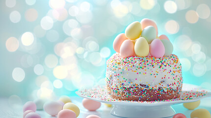 Colorfully decorated Easter cake with icing and sprinkles, surrounded by pastel colored eggs, festive background