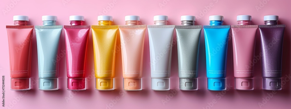 Poster various colored bottles arranged in a row on pink background
