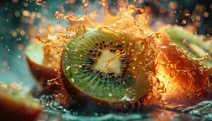 Recreation of cut kiwi fruit splashing water
