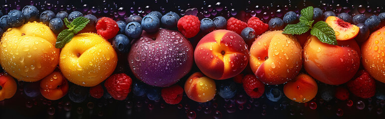 a group of fruit with water drops