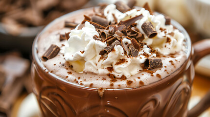 Hot chocolate with whipped cream and chocolate shavings in a brown mug. The mug is sitting on a...