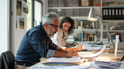 Creative team collaboration, mature man and woman working together on documents in a brightly lit office, reflecting teamwork and partnership. Architectural bureau