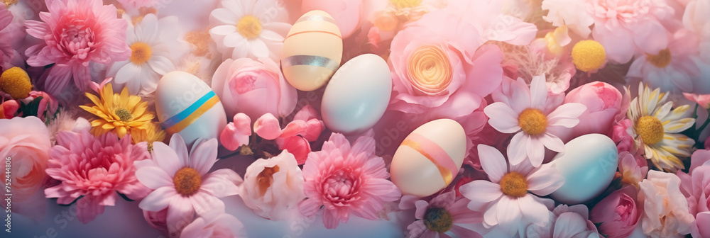 Wall mural Decorated Easter eggs mixed with colorful spring flowers on pastel backdrop banner. Panoramic web header. Wide screen wallpaper.