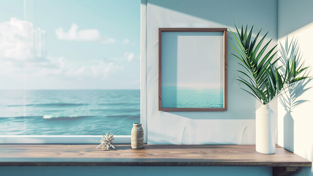 A dynamic 3D wall frame mockup with floating shelves against a coastal seascape backdrop, providing a serene space for showcasing coastal artwork or beach-inspired prints.