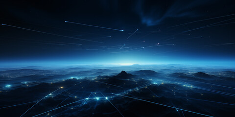 Futuristic technology background with glowing lines and particles, blue technology background with a connected blue network, AI generated illustration of An abstract composition of interconnected blue