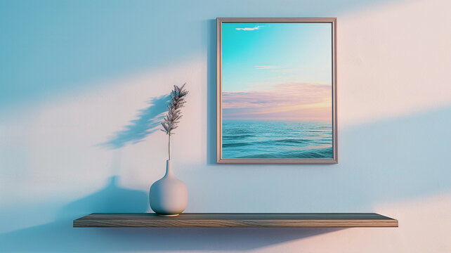A dynamic 3D wall frame mockup with floating shelves against a coastal seascape backdrop, providing a serene space for showcasing coastal artwork or beach-inspired prints.