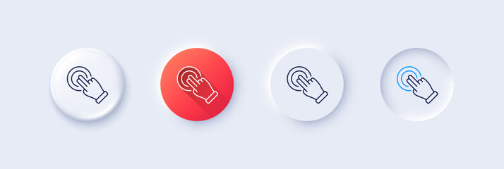 Touchscreen gesture line icon. Neumorphic, Red gradient, 3d pin buttons. Click hand sign. Push action symbol. Line icons. Neumorphic buttons with outline signs. Vector