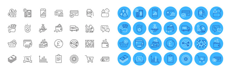 Targeting, Fan engine and Pound money line icons pack. Discounts ribbon, Fraud, Clipboard web icon. Financial app, Digital wallet, Wallet pictogram. Payment method, Loyalty star, Dollar. Vector