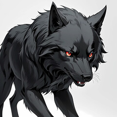 Black wolf isolated on a white background. Anime style, wild animals