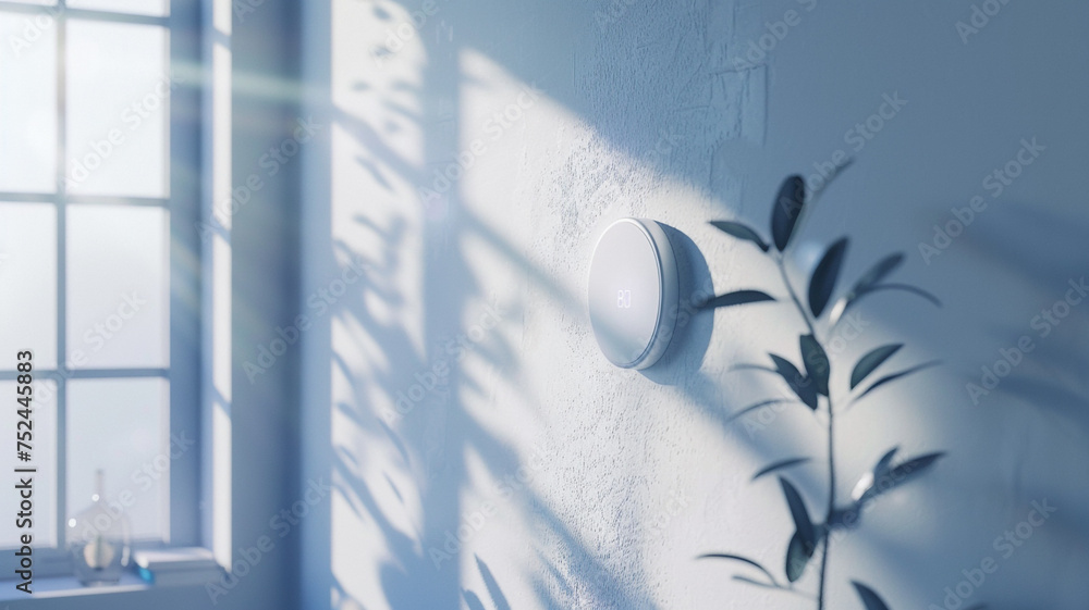 Poster a futuristic 3d mockup of a smart home device on a digitally rendered interior wall, with an empty s