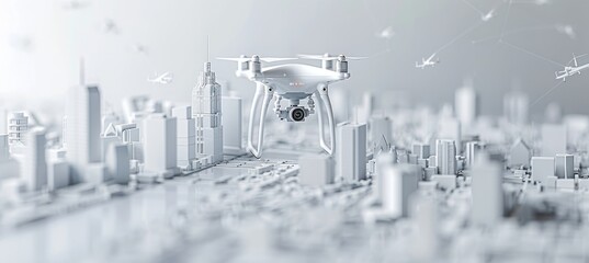 Futuristic smart city with tall buildings, smart transport, drones, autonomous driving, green spaces