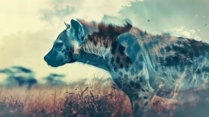 Photo sur Plexiglas Hyène Hyena on savannah background with double exposure. minimalistic style, white background. Generative AI