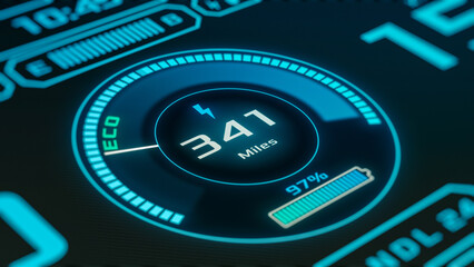 Electric or hybrid car dashboard display, futuristic hud, charging battery, close up (3d render)