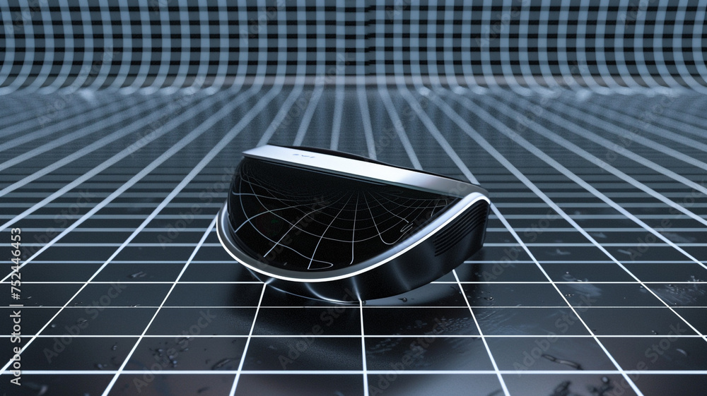 Poster a futuristic 3d mockup of a vr headset on a digital grid background, featuring an empty area on the 