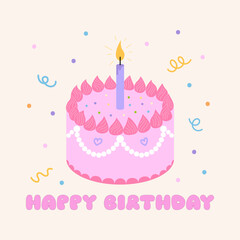 Pink cake with candle and lettering happy birthday. Vector flat illustration on isolated background. Holiday greeting card