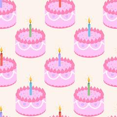 Seamless pattern with pink birthday cakes. Cute holiday vector flat background	