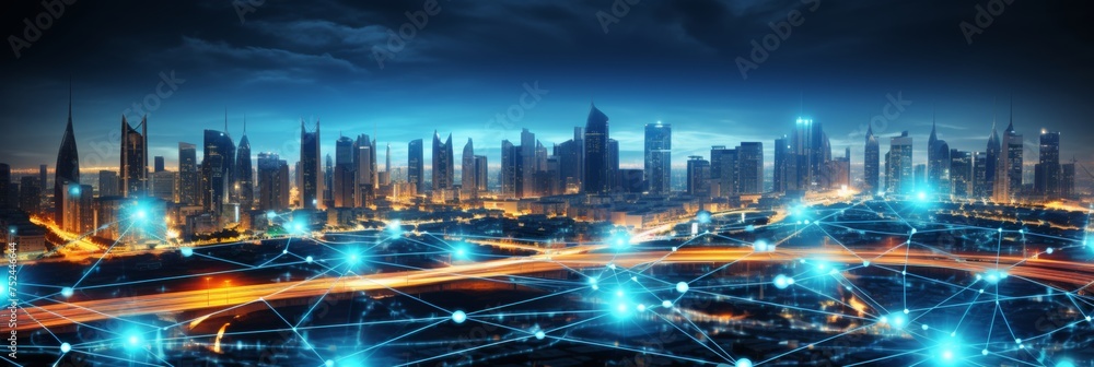 Aufkleber wireless network and connection technology concept with abstract modern city model background
