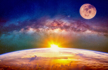 Landscape with Milky way galaxy. The Full moon ,sunrise  and Earth view from space with Milky way galaxy. (Elements of this image furnished by NASA)