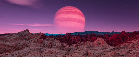Sci-fi Scene of Alien Planet Rocky Terrain with Background Jupiter planet.