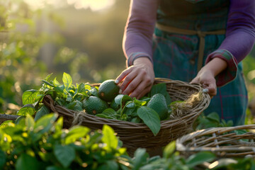 a person holding a basket of avocados