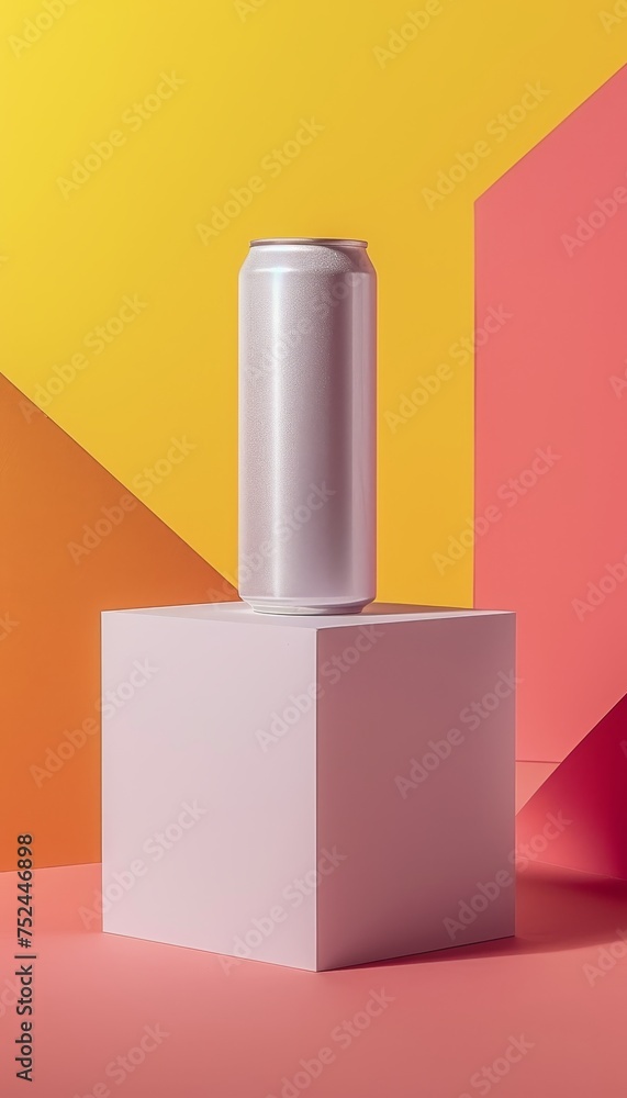 Poster white aluminum soda can mockup on abstract background with space for text placement.